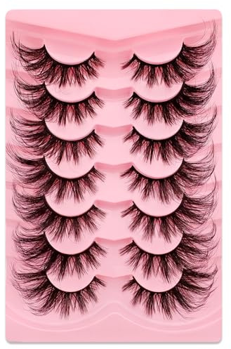 7 par 3D falska ögonfransar kattöga, fluffig volym curly kattöga konstgjorda ögonfransar naturligt utseende, återanvändbara handgjorda falska mink make-up ögonfransar (7rosa-LD01)