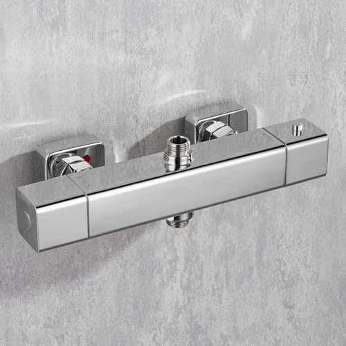 Ronvie Thermostatic Bar Mixer Shower Wall Mounted 2 Outlet G1/2 Chrome | Anti-Scald 38°C Safety Lock, Anti-Limescale, Easy Installation