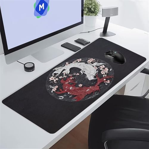 Alfombrilla de Ratón XXL 1500x800x3 mm Alfombrilla Ratón Gaming Alfombrilla Escritorio Grande Teclado Antideslizante Mouse Pad XL Mejora la Precisión y la Velocidad (Koi Rojo Blanco)