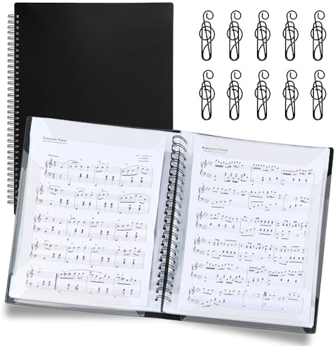 VGECEE Carpeta de Partituras Musicales 20 Hojas/40 Páginas Carpetade Anillas para Partituras Negra Presentación A4 Carpeta Espiral para Notas de Piano/Guitarra/Violín + 10 Clips de Notas Musicales