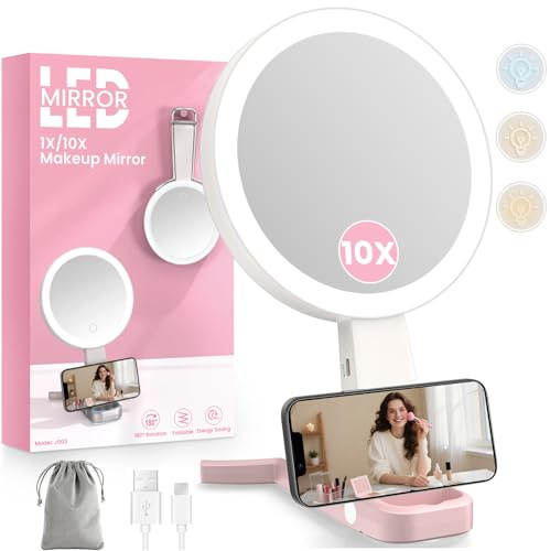 Specchio Trucco con Luci, Specchio Ingranditore 10X/1X a Doppia Faccia, Luminosità Regolabile a 3 Colori, Specchio Trucco da tavolo Pieghevole con sospensione, Ricaricabile e Portatile da Viaggio
