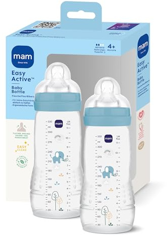 MAM Easy Active Babyflasche 2x 330 ml, 4+ Monate, Sauger Gr. 2, Elefant | SkinSoft Sauger fast wie beim Stillen, ergonomisch, weite Öffnung, spülmaschinenfest, Deckel als Messbecher, auslaufsicher