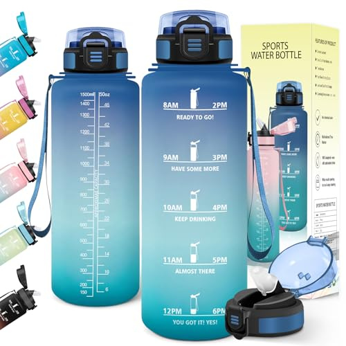 Baramumu Trinkflasche 1 5 liter, mit strohhalm, Trinkflasche Kohlensäure Geeignet, Mit Zeitstempel, Wasserflasche, Auslaufsicher, Flasche, für Fahrrad, Outdoor, Fitness, Blau-Grün