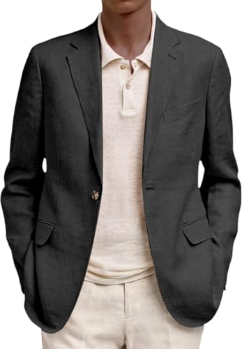 Chaqueta blazer para hombre - Tela de algodón y lino, ajuste regular, cierre de dos botones, patrón de espiga, chaqueta deportiva versátil para trajes, Negro, XXL