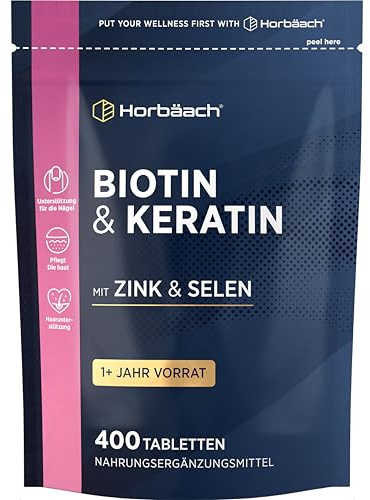 Biotine Cheveux avec Kératine et Zinc | 400 Comprimés | +1 An de Réserve | Compléments pour Cheveux avec Kératine et Zinc et Sélénium | Haute dose | Horbaach