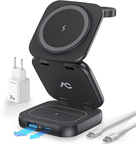 AC Island 5 in 1 iPhone Ladestation kompatibel mit Mag-Safe Ladegerät, Faltbar Reisen Wireless Charger für iPhone 17/16/15/14/13/12 Series, AirPods Pro 3, Apple Watch - Schwarz(Mit 35W Stecker)