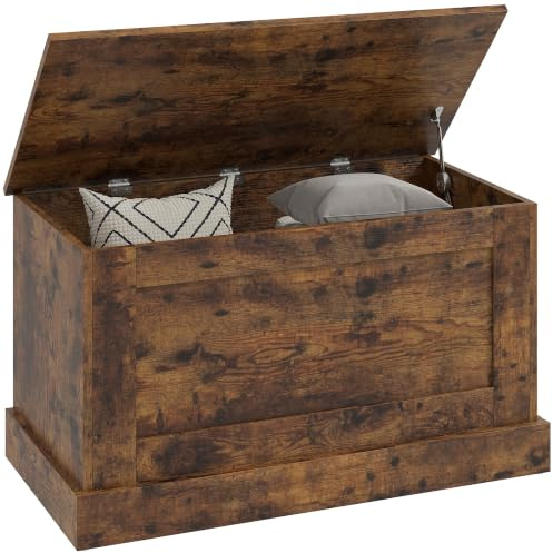 HOMCOM Aufbewahrungstruhe Spielzeugtruhe 80x40x45 cm Rustikales Braun | Holz, Sicherheitsscharnier, für Wohnzimmer, Eingang