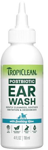 TropiClean Dog Ear Wash, Vet Recommended Ear Cleaning Solution for Itch Relief, Odor Eliminating, Non Stinging Alcohol-Free, Cat Safe, USA Made, 4oz