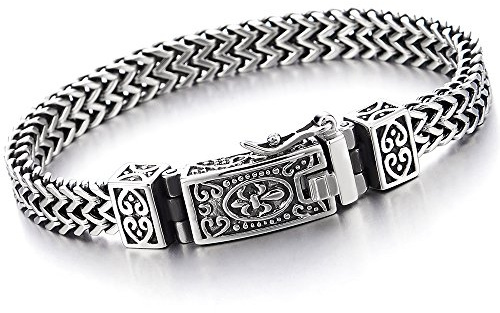 COOLSTEELANDBEYOND Biker Acier Inoxydable Bracelet Homme Lien Franco Chaîne Gourmette - avec Vintage Fleur de Lis Fermoir à Ressort