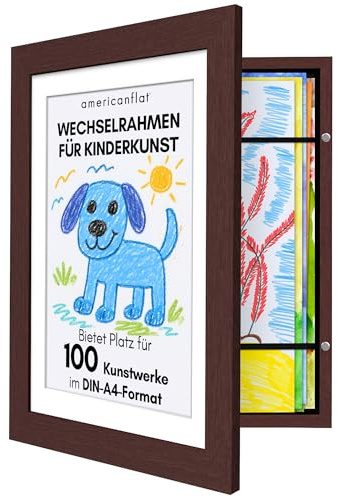 Americanflat Marco Dibujos Infantiles A4 en Caoba - Cuadro de Almacenamiento para Niños para 100 Unidades, Proyectos de Arte, Puzzles y Fotos - Madera de Ingeniería con Vidrio Resistente