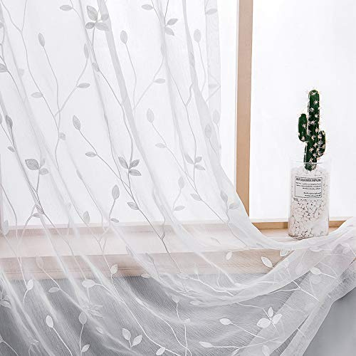 AmHoo 2 Panels Embroidered Leaf Pattern Semi Sheer Curtains Foliage Floral Voile Window Draperies Treatment for Bedroom Living Room Rod Pocket White 53 x 84 Inch