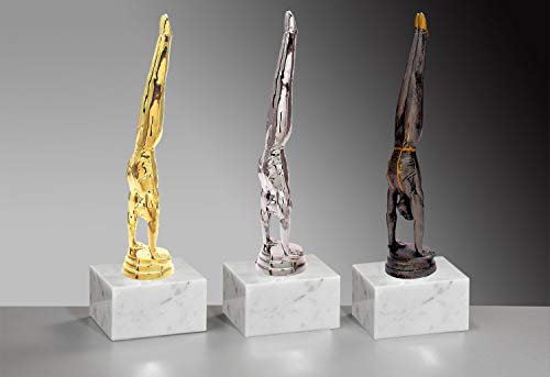 Henecka 🤸‍♂️ Turnen-Herren-Pokal, Turner-Trophäe, Turner im Handstand auf Marmorsockel, mit Wunschgravur, wählbar in 3 Farben (Silber)