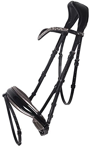 QHP Schwedische Trense Lupine Leder Stirnriemen mit Strass-Splittern (Pony, schwarz/grau)
