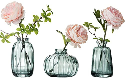 Glass Bud Vase Set of 3, Decorative Small Vase for Table Living Room Bedroom Home Office Kitchen Decor Green