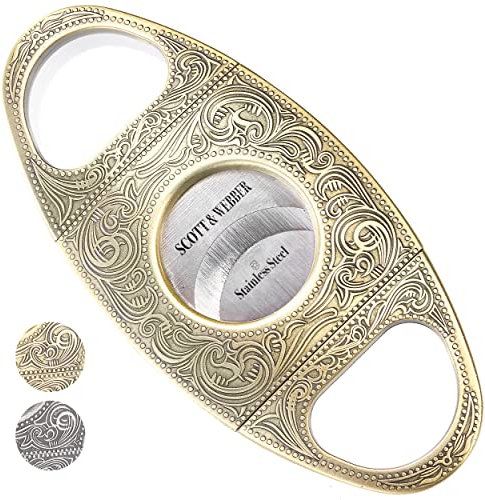Scott & Webber® - Cortador de puros con doble hoja de acero inoxidable - Accesorios para puros para medir anillos grandes - Incluye estuche de piel y elegante embalaje (oro/bronce)