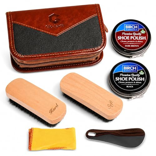 Glo Earth Shoe Shine Kit Premium Travel Shoe Care Set with Horse Hair Brushes Black and Dark Brown Polish Buffing Cloth and Carry Case