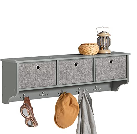 SoBuy Wandgarderobe mit 3 Körben & 5 Haken 100x31x20cm für Flur | Flurgarderobe mit 3 faltbaren Vliesboxen und 5 Metallhaken, MDF FSC, Tragkraft 15kg, inkl. Wandmontage, hellgrau FRG282-HG
