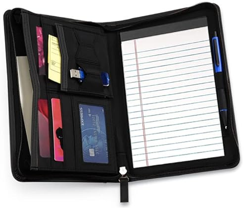 Lcjtop Junior Business Padfolio - A5 PU Leather Portfolio Binder & Zippered Binder Folder with 5 x 8 Writing Pad and Interior Storage Pocket Executive Business Organizer for Men Women,Black
