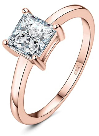 JewelryPalace Klassisch Prinzessschliff 1ct Zirkonia Solitär Promise Ring Damen, Schmuck Set, Verlobungsring Damenring Silber 925 mit Stein für Frauen, Simulierte Diamant Jubiläum Eheringe Rosegold 57