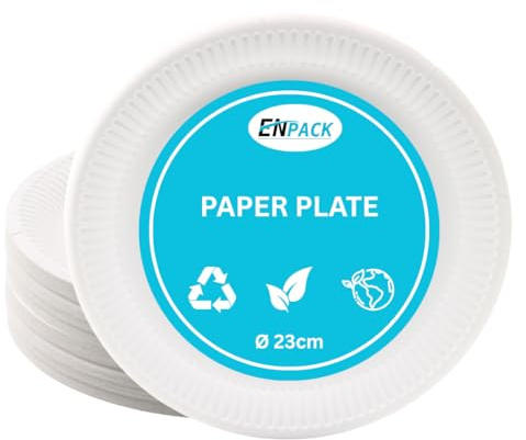 Enpack 100 Stück Einweg Teller aus Papier 23cm - Einwegteller in weiß - Pappteller Geburtstag - Einweggeschirr umweltfreundlich & nachhaltig - Einmal Teller für Partys - bio plates
