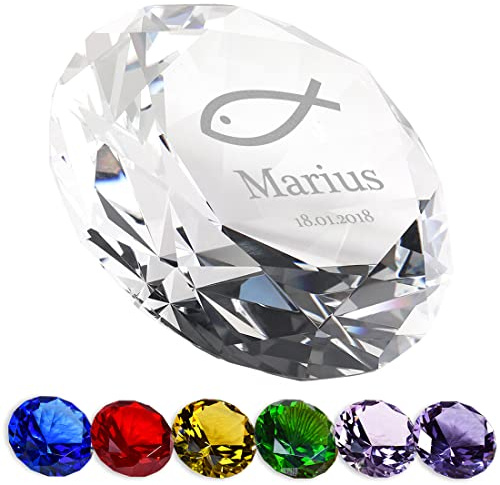 polar-effekt Deko Glas Diamant mit Wunschgravur Motiv Fisch - personalisiertes Taufgeschenk - Briefbeschwerer Tischdeko für Kommunion und Taufe - Geschenkidee für Kinder - passend zum Geburtstag