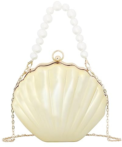 Meliyya Damen Muschel Clutch Acryl Handtasche Perlen Handgriff Kette Abendtasche Hochzeit Cosplay Mermaid Schultertasche Umhängetasche, Gold