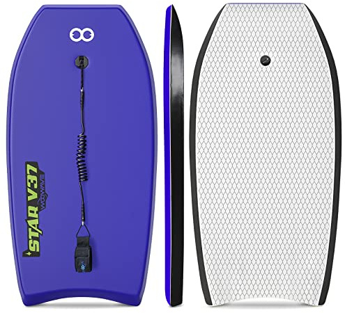 GEAVESS Bodyboard 33-inch/37-inch/42-inch Premium IXPE Body Board with Coiled Wrist Leash, Super Lightweight EPS Core and HDPE Slick Bottom, Perfect Surfing for Kids Teens and Adults(Blue, 42inch)