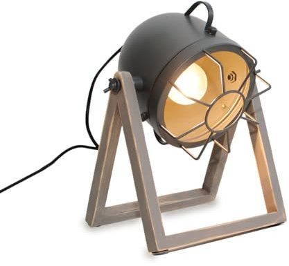 Alpinaluz Lampe de Table Industrielle avec Projecteur Orientable E27, Base en Bois Naturel Gris et Tête Réglable pour Salon et Table de Chevet