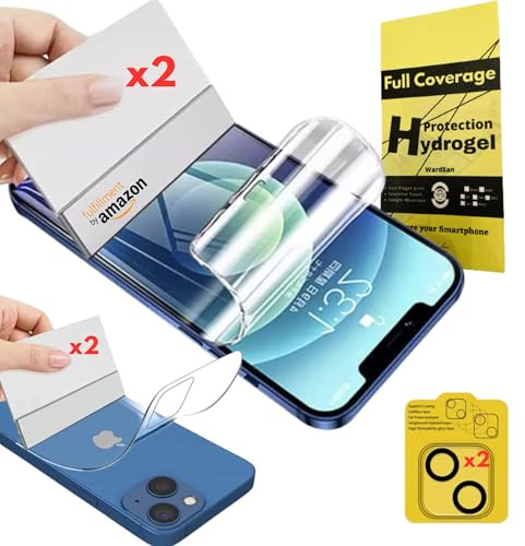 WardSan [6 Pieces for iPhone 13 Mini 5.4 Inch - 4 Hydrogel Screen Protectors 2 Front & 2 Rear 3D + 2 Tempered Glass Camera | Shockproof | Compatible with Cases| Soft Screen Protector | Better Than