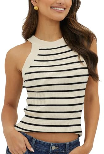 EMOTTOS Camiseta Sin Mangas para Mujer, Camisetas Rayas Camisetade Cuello Halter Verano, Cuello Redondo Tank Top sin Mangas Elegante Sexy Ajustada Casual para Mujeres, Negro M