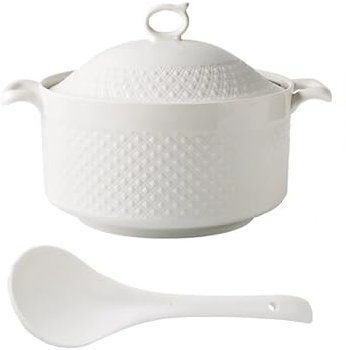 Sopera para Servir Sopa con Tapa y Cucharón, Cuenco para Servir Sopa de Porcelana para Restaurante de Cocina Casera,blanca,1800ML