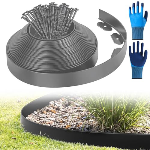 Bordure de pelouse flexible en plastique, avec 50 piquets d'ancrage, bordure de parterre - Longueur : 10 m - Hauteur : 5 cm - 10 m x 5 cm - Gris