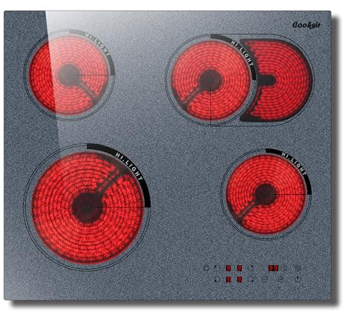 Cooksir Plaque Vitrocéramique 4 Feux, Plaque de Cuisson 60CM Intégré, Grise, Sicherheitssperre, Verrouillage de Sécurité, 99-Minuten-Timer, Tactile, 240V Sans Prise, Texture Granuleuse Rugueuse