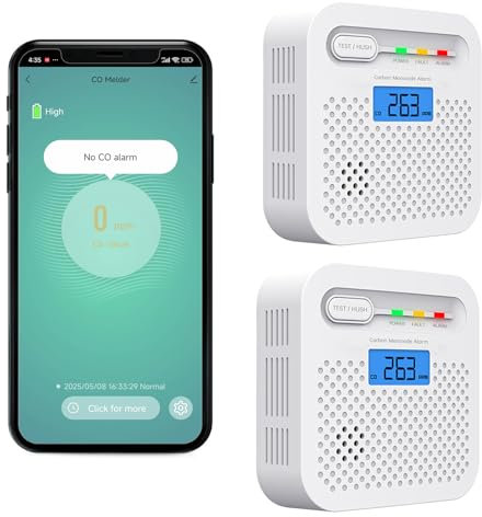 Detector de Monóxido de Carbono Inteligente WiFi 10 Anos de bateria,notificaciones Push en Tiempo Real a través de la aplicación de Seguridad Tuya y SmartLife, Pantalla LCD Digital (2 Pack)