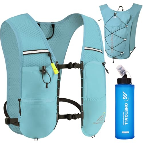 ONETOALL Löparväst för kvinnor med 500 ml vattenflaska, reflekterande vätskeryggsäck, 6 L, lätt 150 g, för trailrunning, vandring, maraton, blå med mjuk flaska