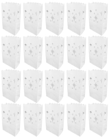 Hapivida 20Pcs White Luminary Bags, Candle Lantern Bags LED Tealight Stars Design Luminaries for Wedding Party Halloween Thanksgiving