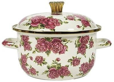 Cazuela Olla de sopa esmaltada con estampado vintage, utensilios de cocina, olla esmaltada for el hogar, ollas en Stock de gran capacidad gruesas(Rose red,18CM)