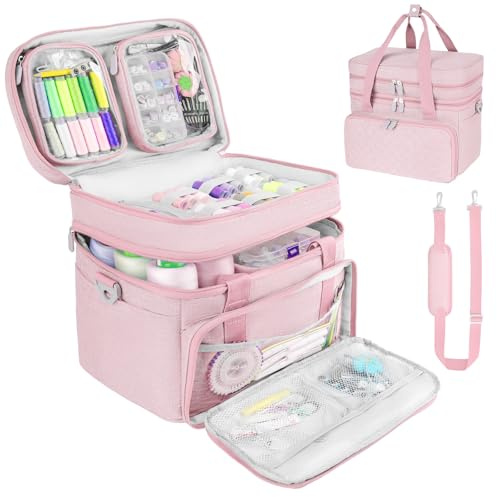 Jamiukro Nähzubehör Organizer Tasche mit Schultergurt – Doppellagige Näh-Aufbewahrung mit 2 herausnehmbaren Taschen – Große Reise-Nähbox für Nähbedarf & Werkzeuge (Rosa, 30x20 cm)
