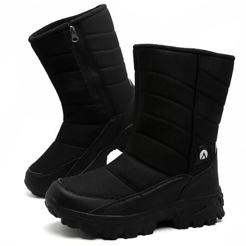 Topwolve Snow Boots Men's Waterproof Side Zip Winter Boots Outdoor Warm Fur Lined Mid Calf Walking Booties,Black,9 UK