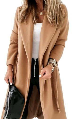 Cicy Bell Giacca lunga da donna classica con colletto con risvolto dentellato aperto sul davanti e cintura, Marrone chiaro, M