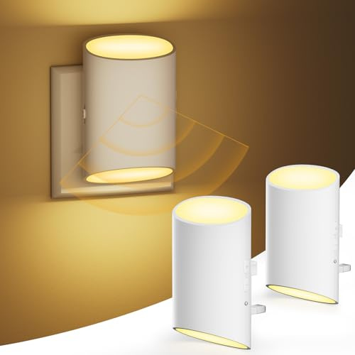 Night Light Plug in Wall with Motion Sensor and Dusk to Dawn Sensor, 7 Adjustable Brightness 100LM, Night/Off/AUTO Modes, 3000K Warm White LED Night Light for Baby, Hallways, Stairs, Bedrooms, 2 Pack