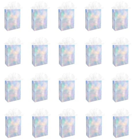 20 PCS Glossy Iridescent Party Bags, 8.7 Luxury Paper Party Bag Reusable Gift Bags with Tissue Paper Handles for Birthday Wedding