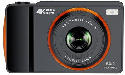 Andoer Fotocamera digitale 4K, 64 MP, zoom 16x, CCD portatile con due obiettivi e schermo da 24 pollici per studenti (nero)