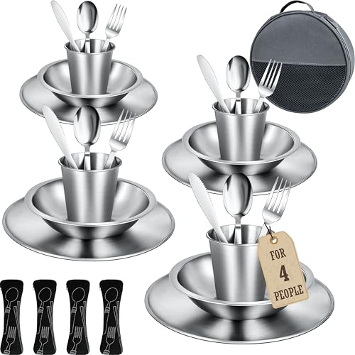 Set de Cubiertos Camping – Vajilla de Acero Inoxidable con Platos, Cuencos, Vasos y Cubertería – Incluye Bolsa ideal para Acampada, Picnic, Caravana, Barbacoa o Exterior. [Juego 29 Piezas/ 4 Personas]