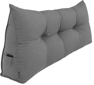 POKAR Rückenkissen 120x50x20 cm | Lesekissen für Bett und Sofa | Großes Keilkissen als Sofakissen für Rückenlehne | Wandkissen mit praktischen Seitentaschen | Oeko Tex 100 Zertifiziert | Grau