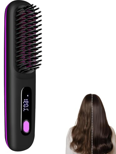 Kabellose Haarglätterbürste, Glättbürste Stylingbürste mit Keramik Borsten für Frauen, Wiederaufladbar Hair Straightener für Damen Reisen, Für präzises Styling und langanhaltendes Volumen (Schwarz)