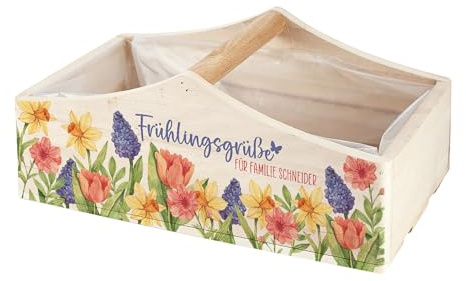 Herz & Heim® Personalisierter Pflanzkorb „Frühlingsgrüße“ aus Holz – Geschenkkorb & Geschenkbox mit Wunschtext – 3 Varianten – Pflanzkiste mit Folie (1 Griff (29 × 11,5 × 16 cm))