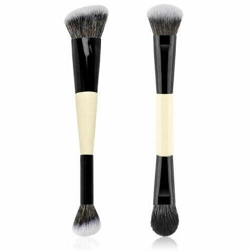 2 pcs Pinceaux de Maquillage Double Embout, Pinceaux pour Fond de Teint et Correcteur, Pinceau Contouring, Pinceau Visage Double Face pour Maquillage Liquide, Crème et Poudre, 19 cm, Noir et Blanc