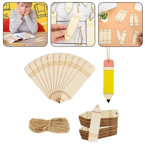 JoyousMall 50 segnalibri vuoti in legno a forma di matita, incompiuti, etichette in legno cavo, per fai da te, disegno, scrittura, materiale scolastico decorativo, 12 x 3 cm