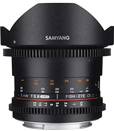 Samyang cine syhd8mv-n HD 8 mm T/3.8 obiettivo fisheye con obiettivo fisso de-disposto aperture e cappuccio staccabile per fotocamere Nikon (dx)